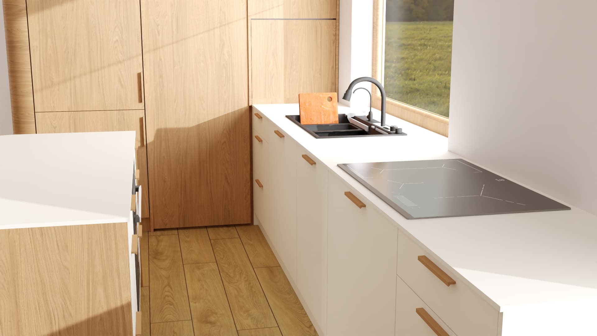 Kuchnia galley biało-dębowa